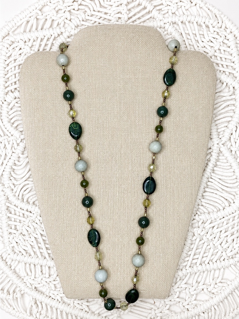 Earth Tone Green Beaded Long Necklace | Artisan Boho Statement Jewelry